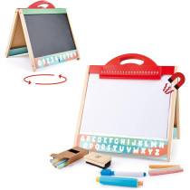 Hape Store And Go Easel, Folding Double-Sided Tabletop Blackboard And Whiteboard With Chalks, Markers And Other Art Accessories