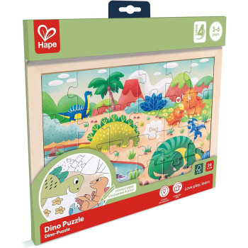 Hape Dino Puzzle, Educational Double Sided Colouring Jigsaw Puzzle For Kids, 24 Piece