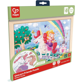 Hape Unicorn Friends Puzzle, Educational Double Sided Colouring Jigsaw Puzzle For Kids, 24 Piece