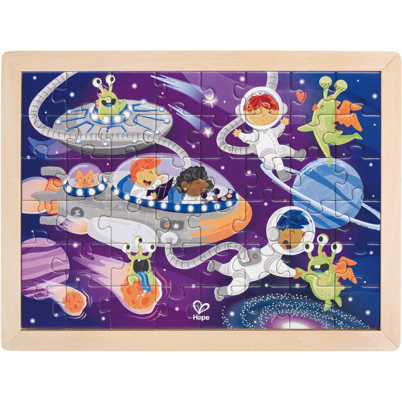 Hape Space Friends Puzzle, Educational Double Sided Colouring Jigsaw Puzzle For Kids, 48 Piece