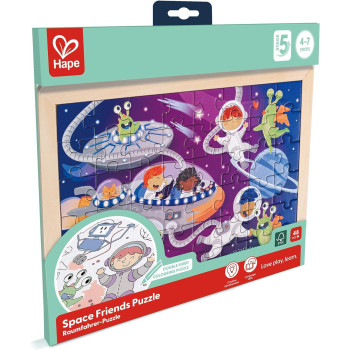 Hape Space Friends Puzzle, Educational Double Sided Colouring Jigsaw Puzzle For Kids, 48 Piece
