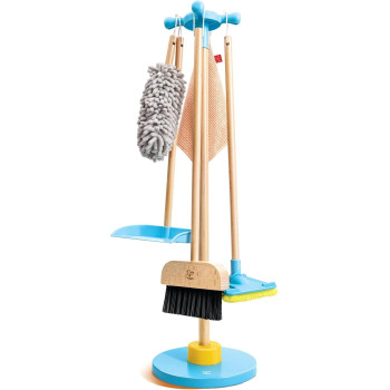 Hape Clean Up Broom Set Cleaning Playset, Broom, Mop, Dustpan, Duster, Towel And Stand, Activity Role Play Set- 6 Pcs