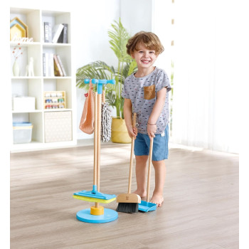Hape Clean Up Broom Set Cleaning Playset, Broom, Mop, Dustpan, Duster, Towel And Stand, Activity Role Play Set- 6 Pcs