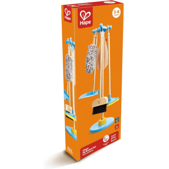 Hape Clean Up Broom Set Cleaning Playset, Broom, Mop, Dustpan, Duster, Towel And Stand, Activity Role Play Set- 6 Pcs
