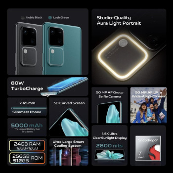 Vivo V30 5G Noble Black, 24GB RAM, 512GB Rom, Slimmest 3D Curved 1.5K Amoled 120HZ Display, 50MP AF Group Selfie, Aura Light Ois