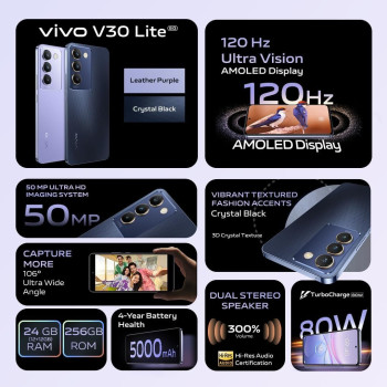 Vivo V30 Lite 5G Crystal Black, 24GB RAM, 256GB Storage, 120HZ Amoled Display, Dual Stereo Speaker, 80W Charger