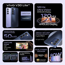 Vivo V30 Lite 5G Crystal Black, 24GB RAM, 256GB Storage, 120HZ Amoled Display, Dual Stereo Speaker, 80W Charger