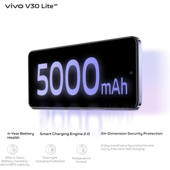 Vivo V30 Lite 5G Crystal Black, 24GB RAM, 256GB Storage, 120HZ Amoled Display, Dual Stereo Speaker, 80W Charger