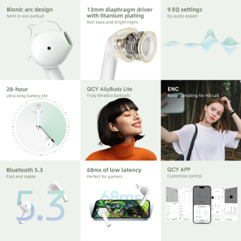 QCY T29 Ailybuds Lite Truly Wireless Earbuds With Bionic Arc Design,Strong 5.3 Bluetooth Connection, 28 Hours Battery Life, & 68 ms Low Latency (White)
