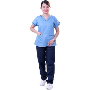Generic Scrub Suit Medical Set Basic Uniform Mix & Match Polycotton for Ladies with Piping Light Blue