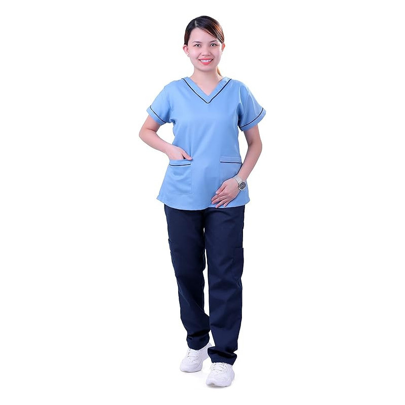 Generic Scrub Suit Medical Set Basic Uniform Mix & Match Polycotton for Ladies with Piping Light Blue
