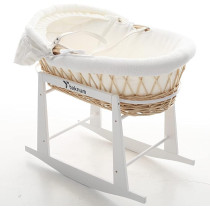 Teknum Infant Wicker Moses Basket with White Waffle Beddings & White Rocker Stand - Wooden Brown