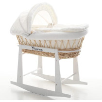 Teknum Infant Wicker Moses Basket with White Waffle Beddings & White Rocker Stand - Wooden Brown