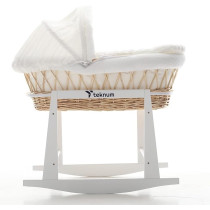 Teknum Infant Wicker Moses Basket with White Waffle Beddings & White Rocker Stand - Wooden Brown