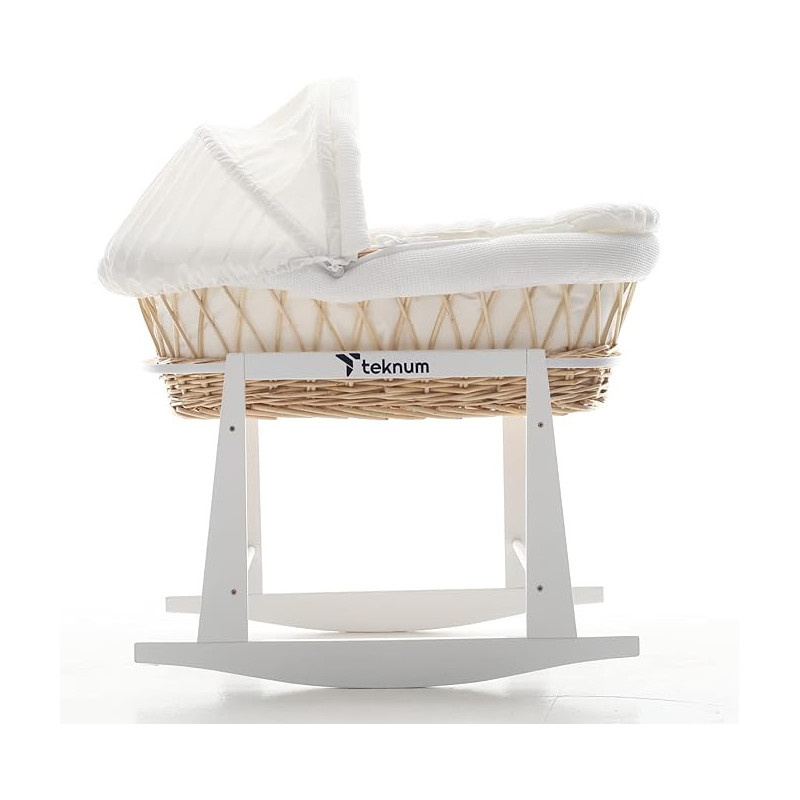 Teknum Infant Wicker Moses Basket with White Waffle Beddings & White Rocker Stand - Wooden Brown