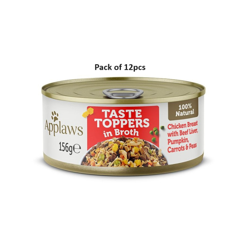 Applaws 156g Taste Toppers in Broth Chicken with Beef Wet Dog Food Tin, Pack of 12