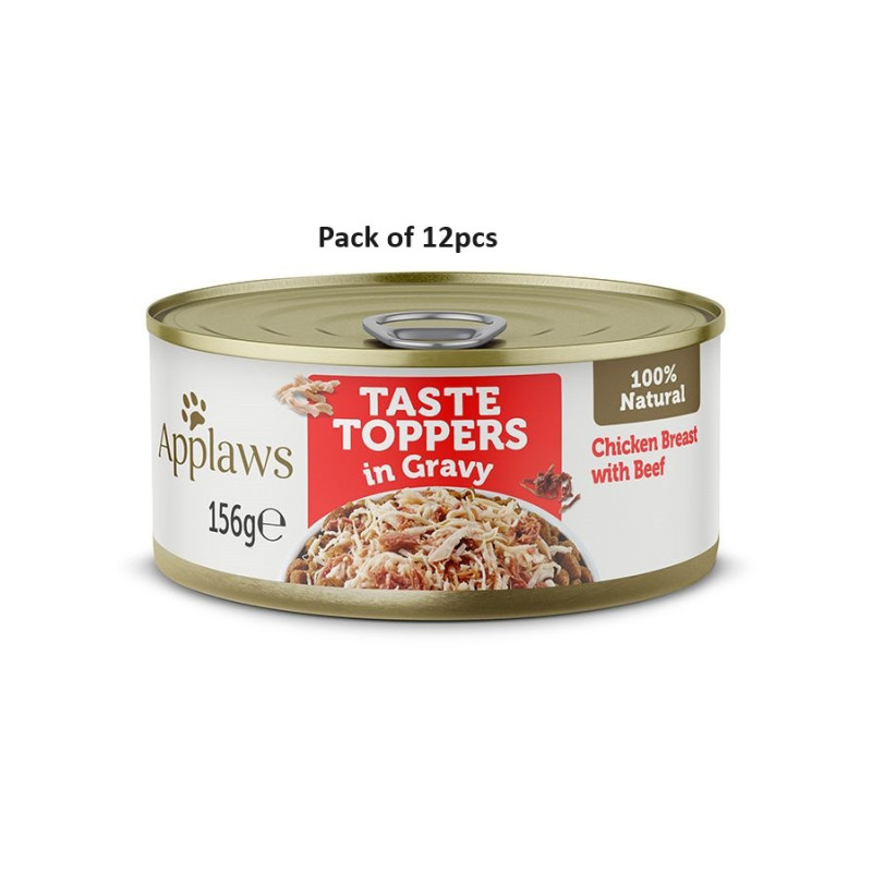 Applaws 156g Taste Toppers in Gravy Chicken with Beef Wet Dog Food Tin, Pack of 12