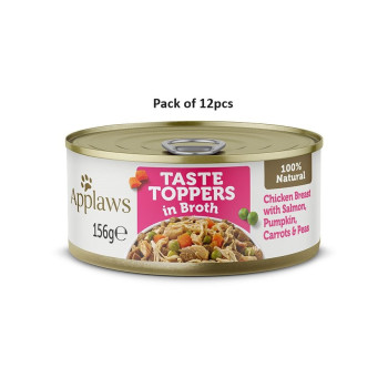 Applaws 156g Taste Toppers in Broth Chicken with Salmon and Vegetables Wet Dog Food Tin, Pack of 12