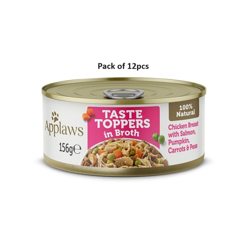 Applaws 156g Taste Toppers in Broth Chicken with Salmon and Vegetables Wet Dog Food Tin, Pack of 12