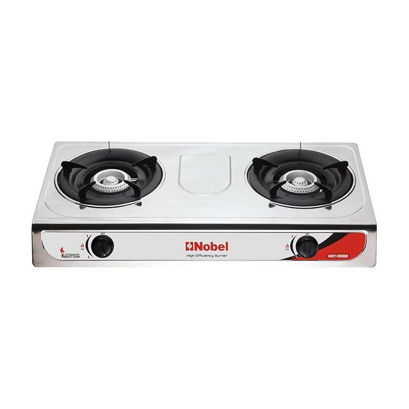 Nobel Dual Gas Burner / Gas Stove, 2 Brass Burners With Auto Ignition And Detachable Trivet NGT2002