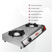 Nobel Dual Gas Burner / Gas Stove, 2 Brass Burners With Auto Ignition And Detachable Trivet NGT2002
