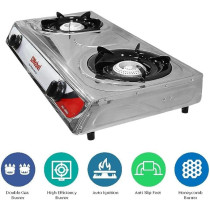 Nobel Dual Gas Burner / Gas Stove, 2 Brass Burners With Auto Ignition And Detachable Trivet NGT2002