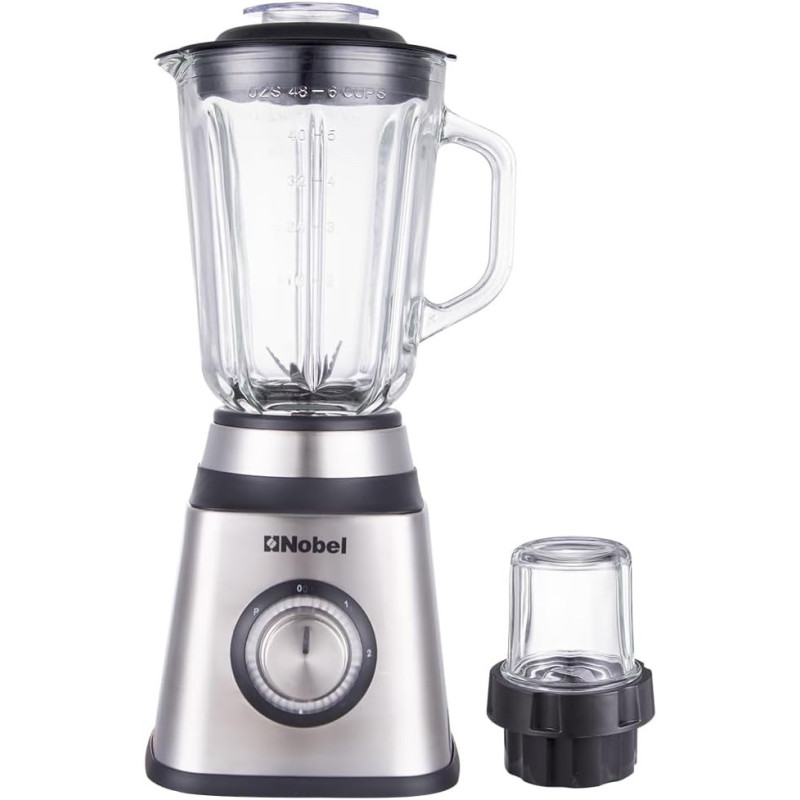 Nobel 2 In 1 Blender 1.5 Litres Jar 400W Motor Power, 2 Speeds With Pulse Function Blender With Glass Jar And Glass Grinder, Led Light NB515CR, Silver And Black Colour