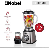 Nobel 2 In 1 Blender 1.5 Litres Jar 400W Motor Power, 2 Speeds With Pulse Function Blender With Glass Jar And Glass Grinder, Led Light NB515CR, Silver And Black Colour