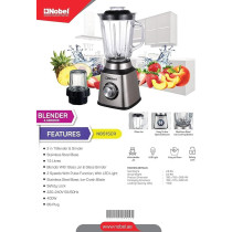 Nobel 2 In 1 Blender 1.5 Litres Jar 400W Motor Power, 2 Speeds With Pulse Function Blender With Glass Jar And Glass Grinder, Led Light NB515CR, Silver And Black Colour
