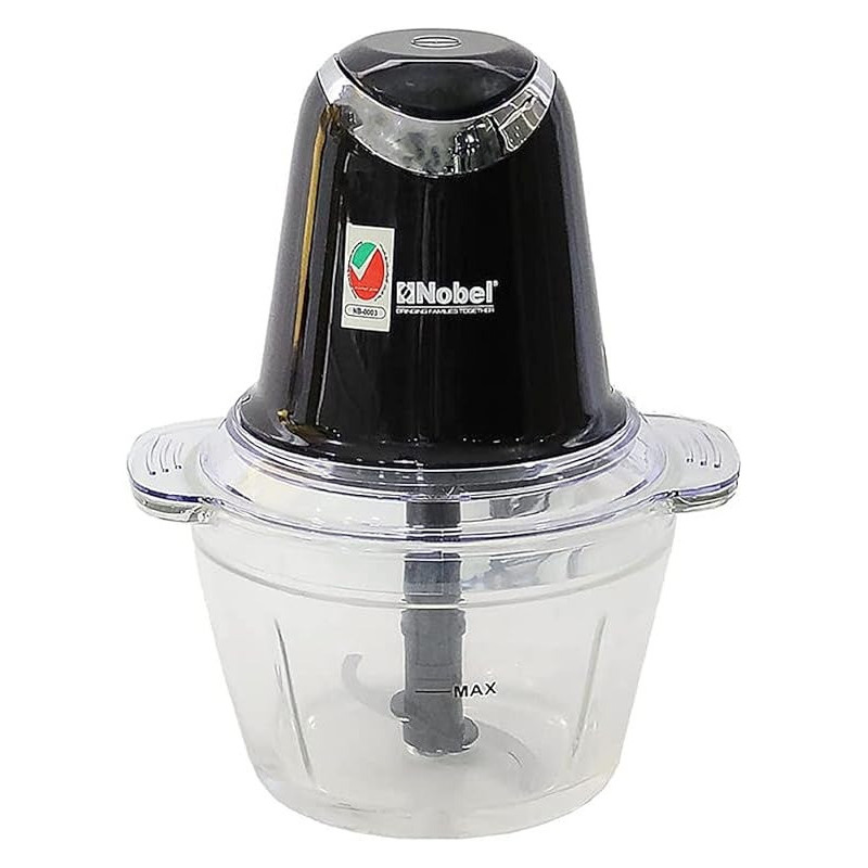 Nobel 1 Litre Chopper Double Sharp Stainless Steel Blades With Covered Protection, Thick Glass Jar With Chrome Button Metal Gear Packing, Black Colour