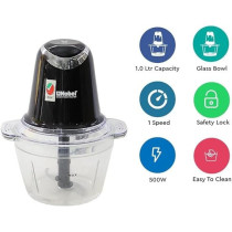 Nobel 1 Litre Chopper Double Sharp Stainless Steel Blades With Covered Protection, Thick Glass Jar With Chrome Button Metal Gear Packing, Black Colour