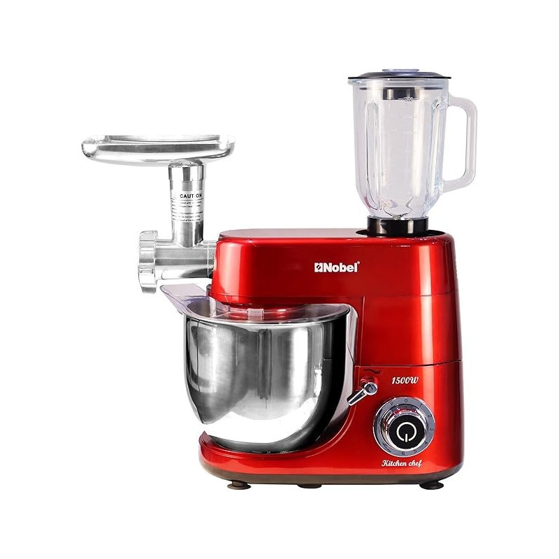 Nobel Stand Mixer With Bowl, Red, 1500 Watt Full Metal Gear Non - Slip Feet Full Copper Motor 7.0 Liter Stainless Steel Bowl With Lid 6 Speed, NBM100