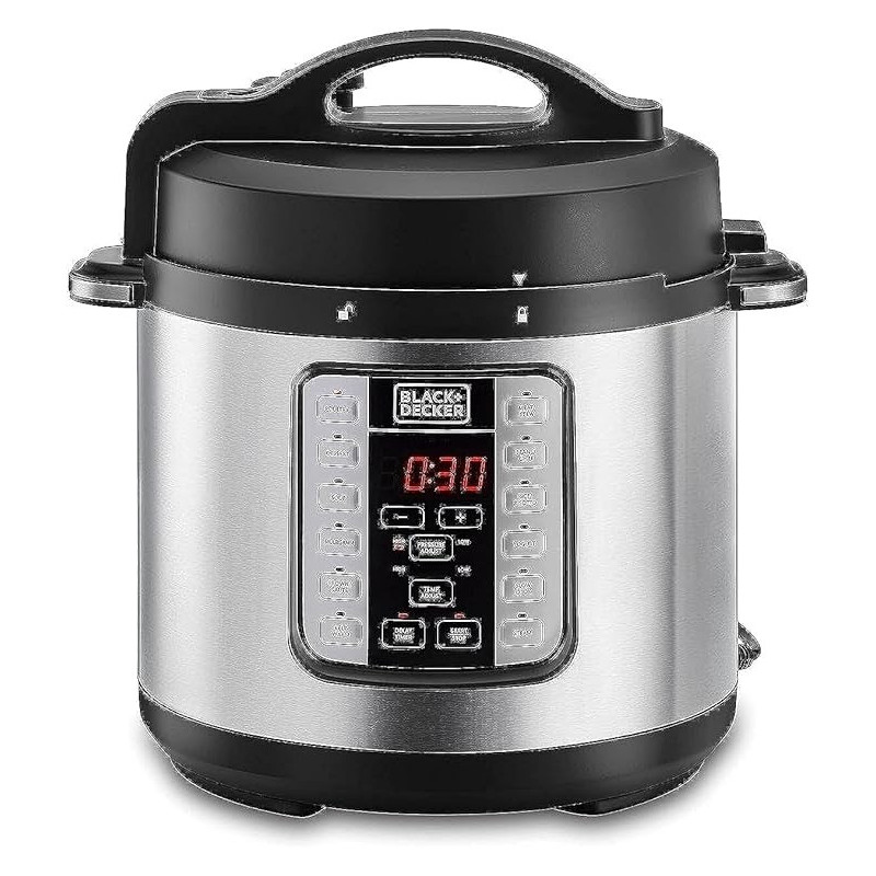 Black+Decker 1000W 6L Electric Pressure Cooker 7 In 1, With 12 Smart Programs 9 Safety Features Dishwasher Safe With Accessories, PCP1000-B5, Black And Silver Colour