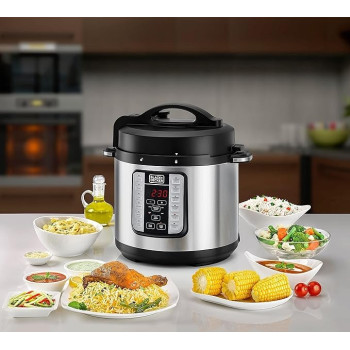 Black+Decker 1000W 6L Electric Pressure Cooker 7 In 1, With 12 Smart Programs 9 Safety Features Dishwasher Safe With Accessories, PCP1000-B5, Black And Silver Colour