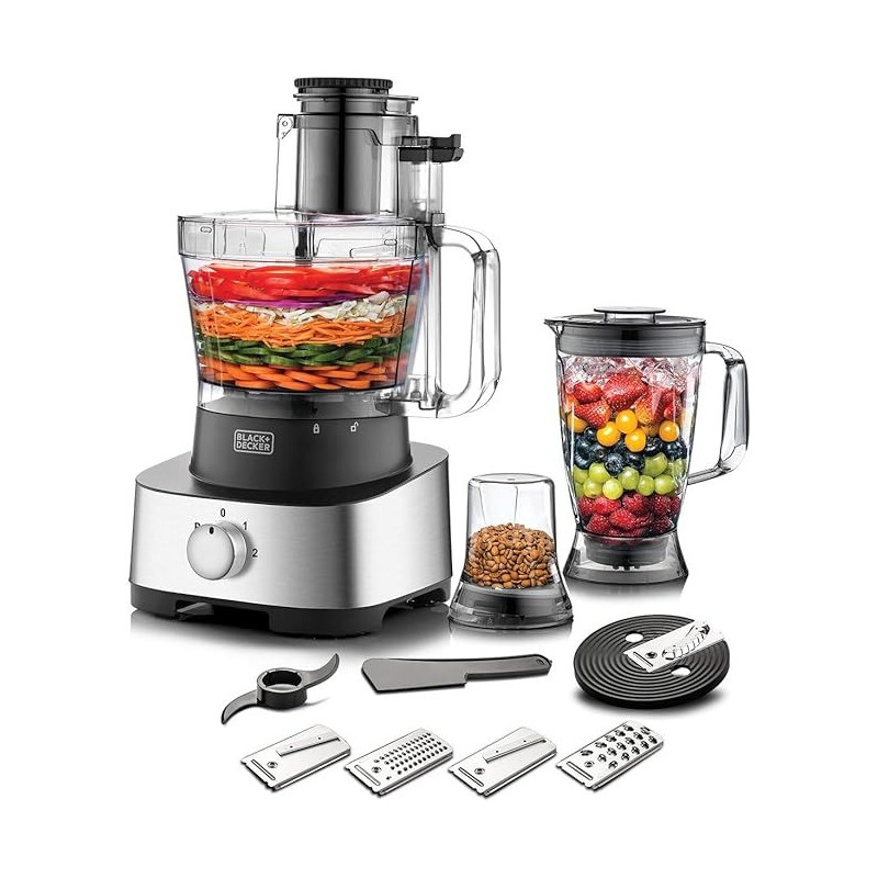 Black+Decker 600W 1.5L 4 In 1 Food Processor, Blender Jar And Grinder Chopper Shredder Plus 31 Extra Functions, For Easy Meal Preparations, FX1050-B5