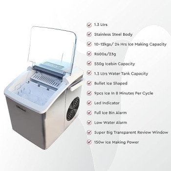 Nobel Ice Cube Maker 10-12KGS / 24 Hrs Ice Making Capacity With 9PCS Ice In 8 Minutes Per Cycle 1.3 L Water Container Capacity With Led Indicator 150 W NIM13S, Silver Colour