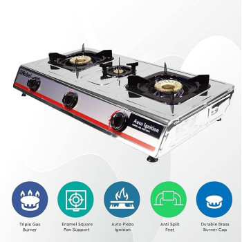 Nobel 3 Gas Burner / 3 Brass Burners Gas Stove Stainless Steel Enamel Porcelain Trivet Auto Ignition Tripple Burner