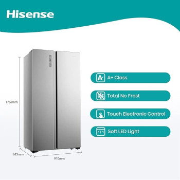Hisense 670 Liter Refrigerator Side By Side A Plus Energy Efficiency Silver Model RS670N4ASU, Silver Colour