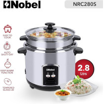 Nobel 2.8 Litres Rice Cooker Stainless Steel Tempered Glass Lid With Thermal Fuse Automatic Cooking And Warming System NRC280S, Silver Colour