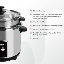 Nobel 2.8 Litres Rice Cooker Stainless Steel Tempered Glass Lid With Thermal Fuse Automatic Cooking And Warming System NRC280S, Silver Colour