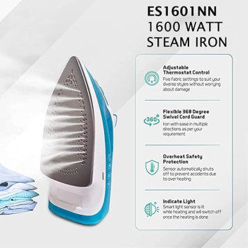Khind Steam Iron 1600W - Advanced Temperature Control, Easier Wrinkle Removal, Vertical Steaming, Self-Cleaning, Non Stick Soleplate, White And Blue Colour