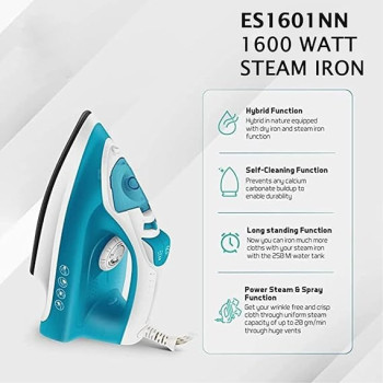 Khind Steam Iron 1600W - Advanced Temperature Control, Easier Wrinkle Removal, Vertical Steaming, Self-Cleaning, Non Stick Soleplate, White And Blue Colour