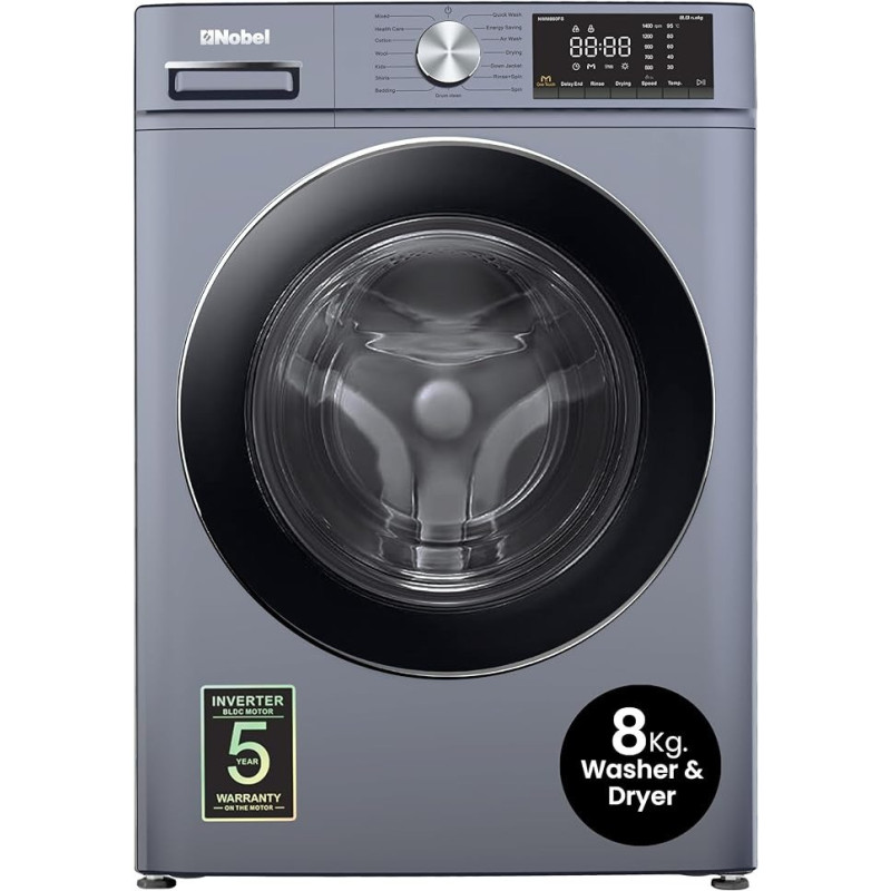 Nobel 8 KG Front Load, 5 KG Drying Capacity With 100 Percentage Dry Fully Automatic, 1400 RPM, Led Display, Dark Silver Colour