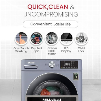 Nobel 8 KG Front Load, 5 KG Drying Capacity With 100 Percentage Dry Fully Automatic, 1400 RPM, Led Display, Dark Silver Colour