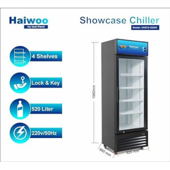 Haiwoo Showcase Chiller Single Glass Door 520L, Cooling Capacity 423L, Model HWCH - 520W, Black Colour