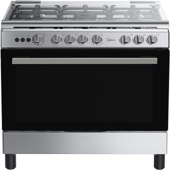 Midea 90x60cm Freestanding Cooker, Full Gas Cooking Range with 5 Burners, Automatic Ignition & Full Safety, Cast Iron Pan Support, Stainless Steel Finish, Separate Knob for Oven & Grill, LME95028FFD