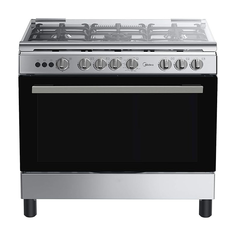 Midea 90x60cm Freestanding Cooker, Full Gas Cooking Range with 5 Burners, Automatic Ignition & Full Safety, Cast Iron Pan Support, Stainless Steel Finish, Separate Knob for Oven & Grill, LME95028FFD