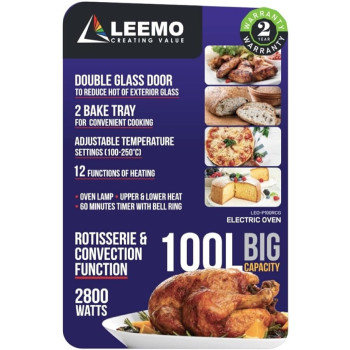 Leemo 100L Electric Oven Leo-P100RCG With Convection / Rotisserie / Grill / 12 Cooking Function / Lamp / Double Glass Door / 2Bake Tray