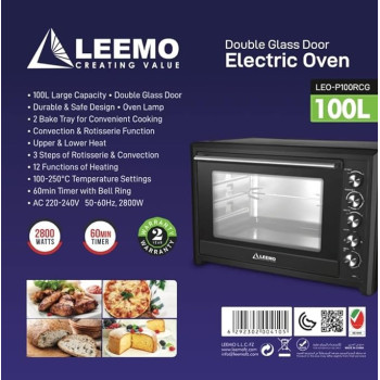 Leemo 100L Electric Oven Leo-P100RCG With Convection / Rotisserie / Grill / 12 Cooking Function / Lamp / Double Glass Door / 2Bake Tray