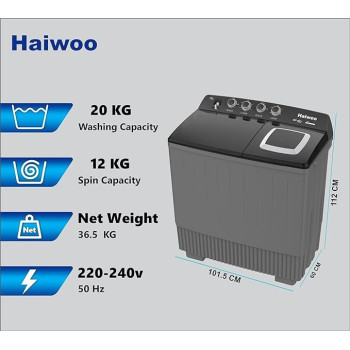 Haiwoo 20KG Twin Tub Semi Automatic Washing Machine 12KG Spin, Gray Colour, Mechanical Wash Timer, Intuitive Control Durabl Aluminium Spin Motor